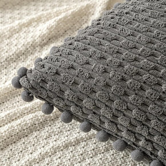 Pompom Dark Grey Texture Corduroy Farmhouse Cute Luxury Soft Pillow Cover Set - Picture 3 of 7